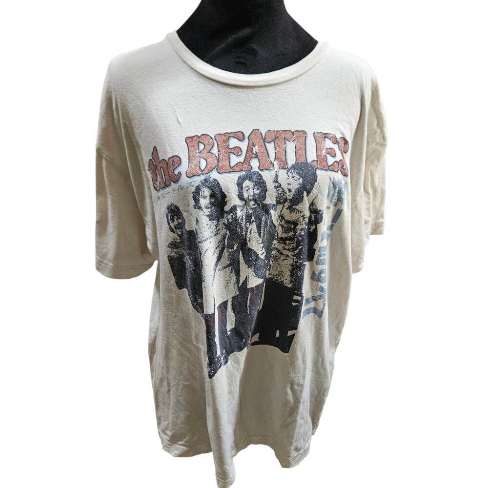 Vintage Beatles 1966 Japan Tour T-Shirt Cream Distress Retro Graphic Tee Size S